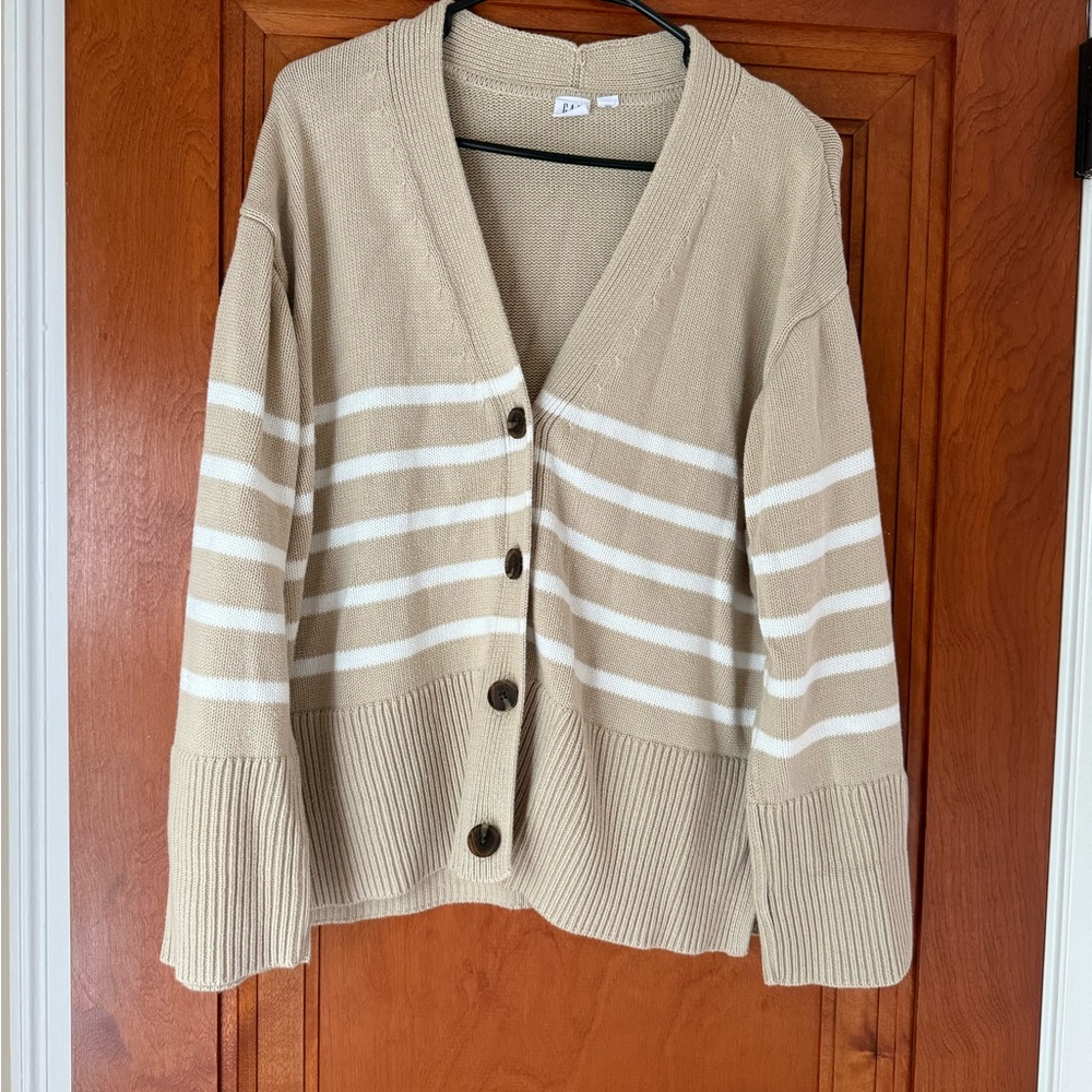 GAP Beige and White Striped Button-Up Cardigan